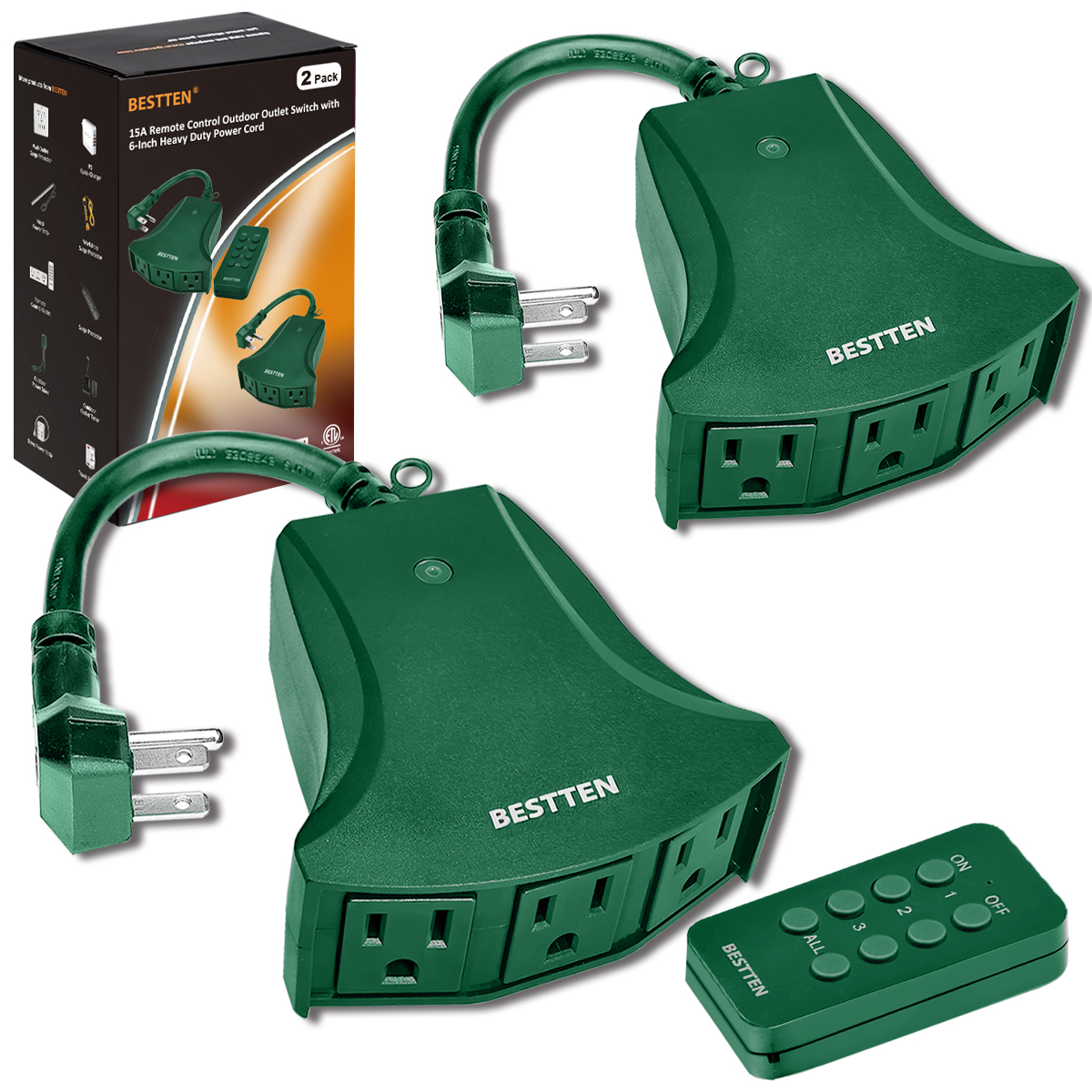 [2 Pack] BESTTEN Wireless Outdoor Remote Control Outlet Switch with 6