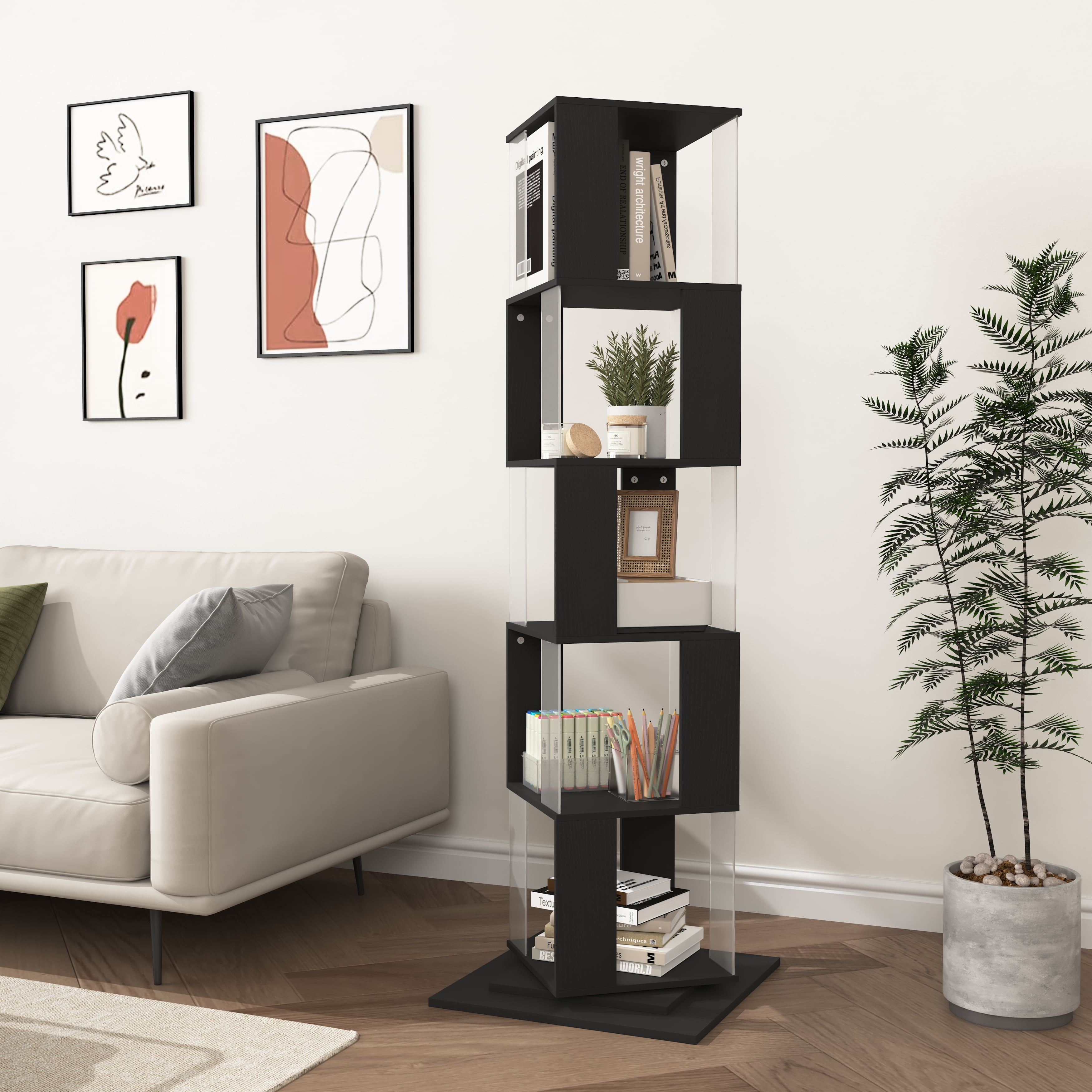 360-Degree Rotating Bookshelf with Wood Veneer & Clear Acrylic Panels, Large Capacity Space-Saving Storage Rack with Anti-Toppling Base for Books Decor Albums Living Room Office