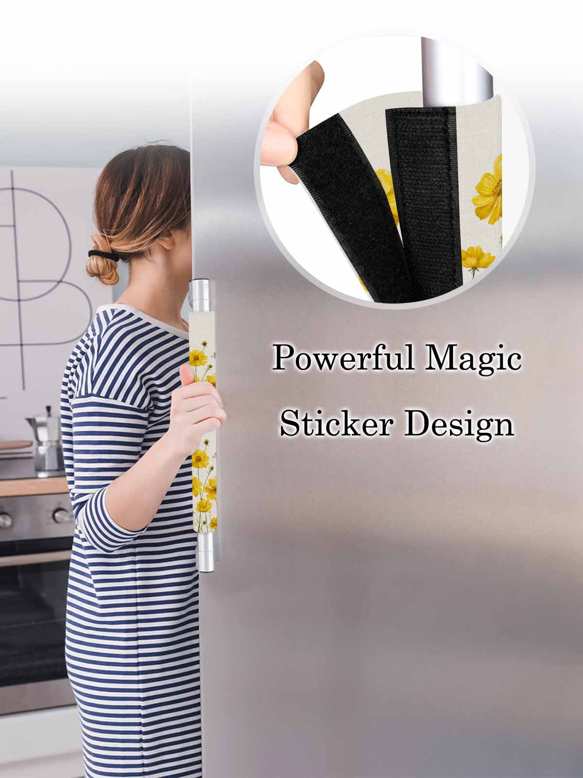 Yellow Floral Bee Refrigerator Door Handle Covers Set of 2, Summer Watercolor Botanical Flower Kitchen Fridge Microwave Oven Dishwasher Stove Cabinet Handle Protectors, Washable Appliance Decor