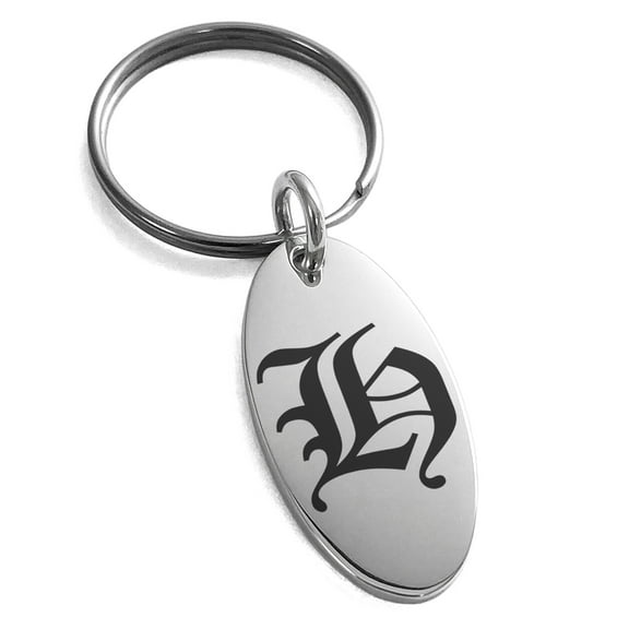Tioneer Stainless Steel Letter H Initial Old English Monogram Engraved Small Oval Charm Keychain Keyring