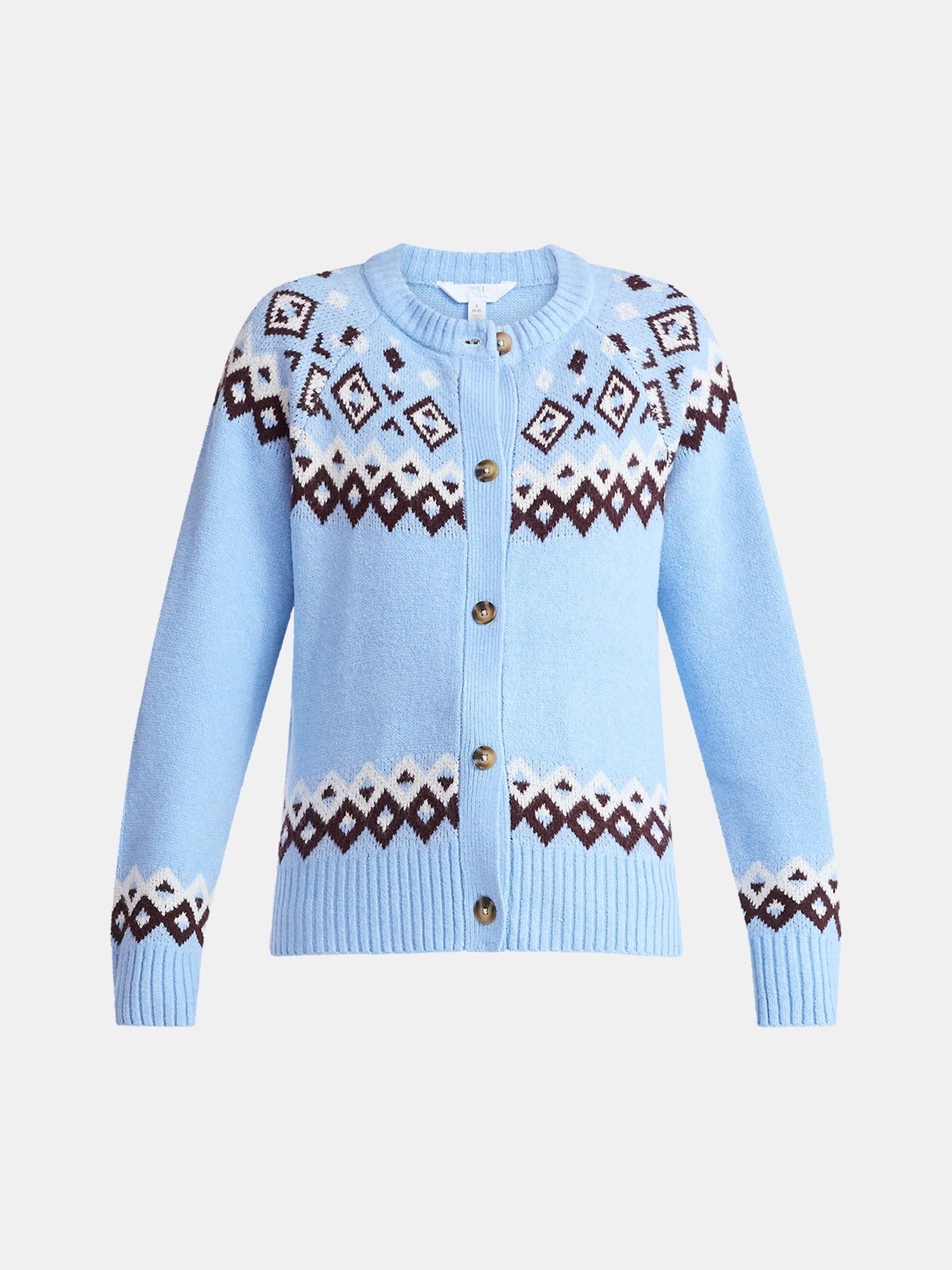 Time and Tru Women's Fair Isle Cardigan Sweater, Midweight, Size XS-XXXL