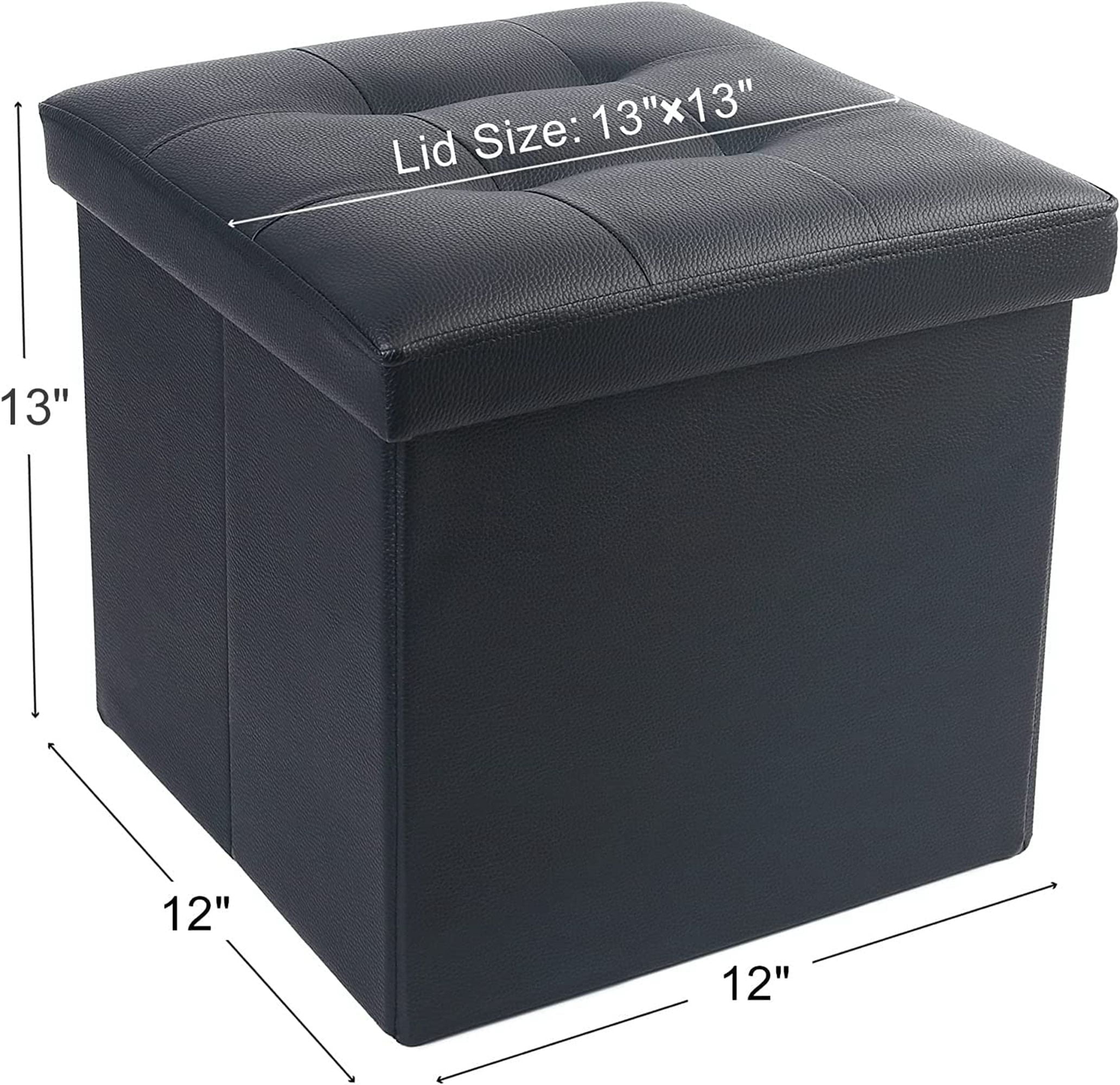 LotFancy 2 Pack 13" Faux Leather Storage Ottoman Cube, Square Foot Stool Ottoman with Storage, Black
