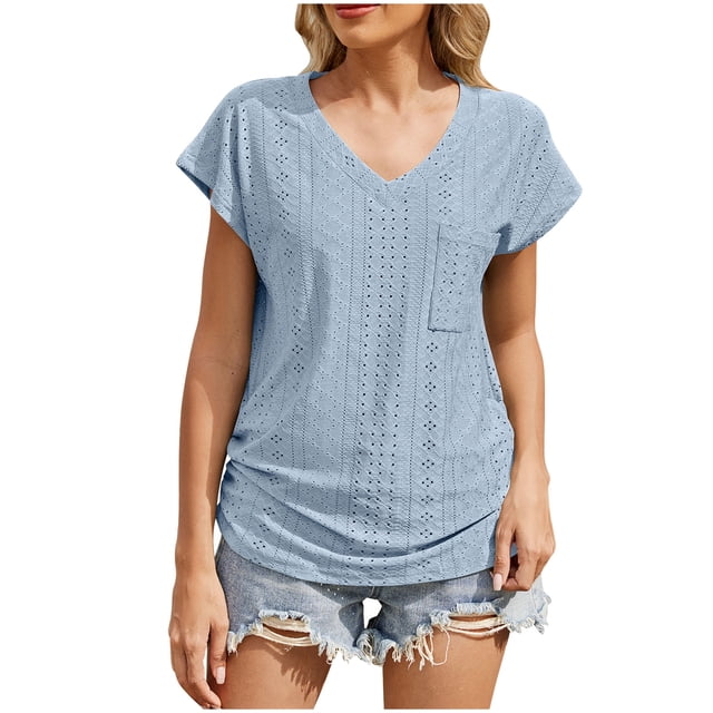 Blusa de Manga Corta, Color Sólido Casual, Camiseta de Bolsillo con Cuello en V para las Mujeres