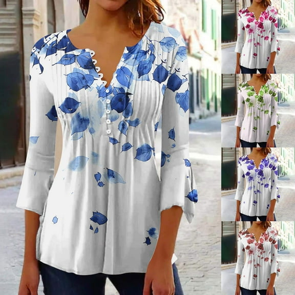 CYMMPU Floral Printed 3/4 Sleeve Loose Fit Blouses for Women Dressy Casual Spring Tops Summer Fashion Shirts Button V Neck Flare Sleeve Empire Waist A Line T-Shirts Red XL
