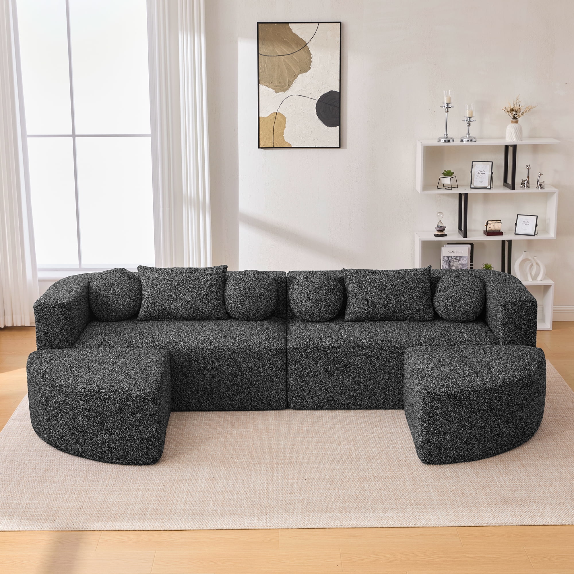 Euroco Boneless Couch Modular Sectional Sofa 114.9" Free-combined Sofa Couch Sofa Bed Compression Sofa with Deep Seating and Curved Design for Living Room, Black