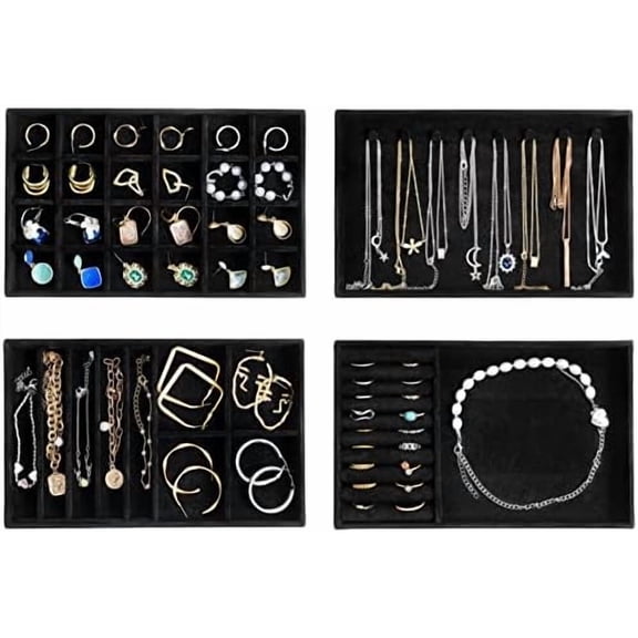 Stackable Jewelry Organizer Trays for Drawers, Jewelry Drawer Inserts Container Display Case Storage for Earring Necklace Rings Bracelet with Removable Dividers -Allblack, 4 Layers