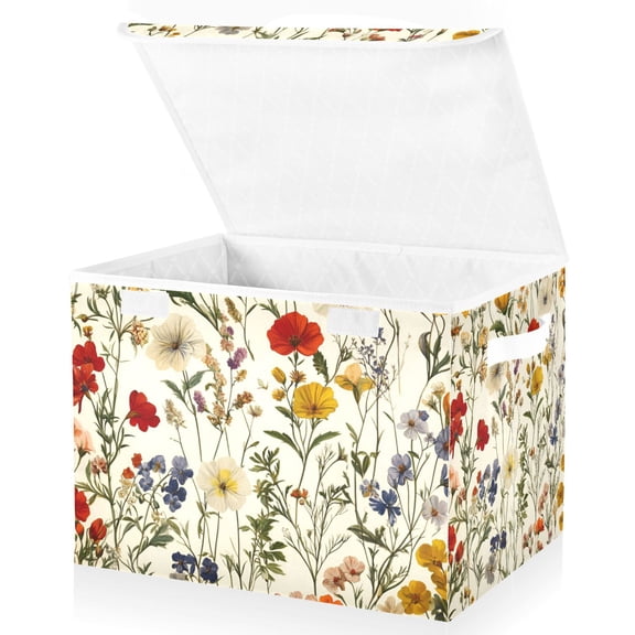 Yayeee Collapsible Cube Storage Bin with Lid Fabric Closet Decorative Basket with Handles, Beige Floral