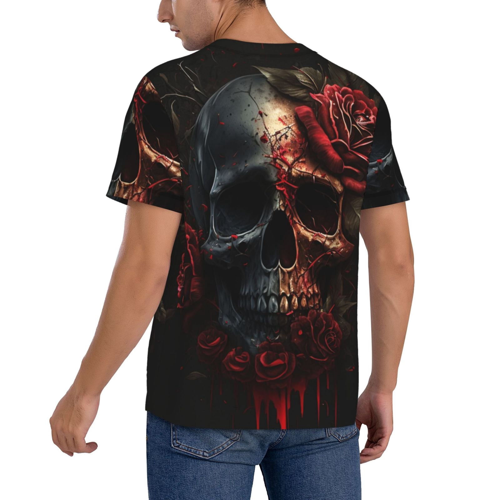 Mens Graphic Baseball T Shirt Short Sleeve Summer Casual Tee Top Jersey, Blood Skull Roses