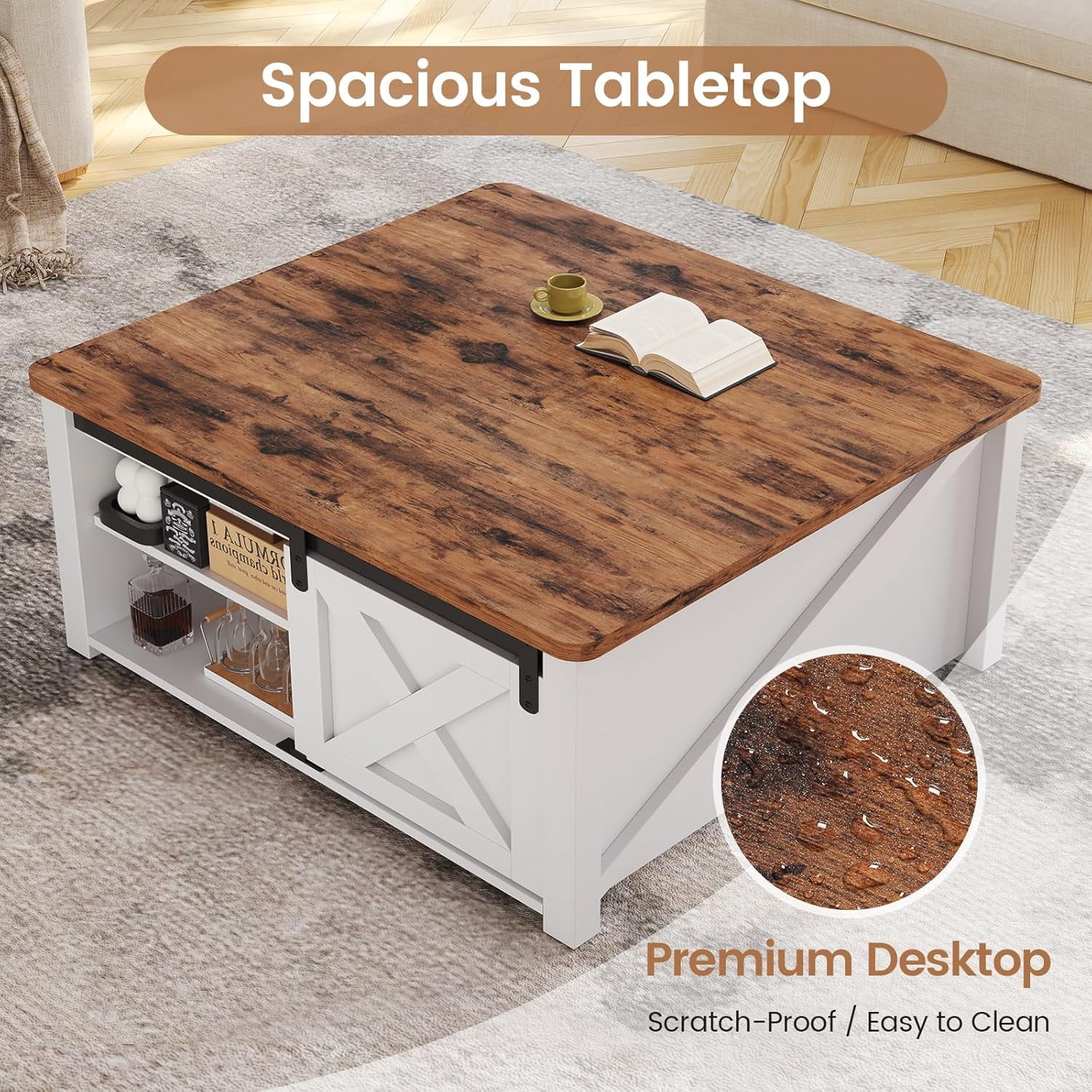 31.5" Square Lift Top Coffee Table, Farmhouse Coffee Table with Ample Storage, Wood Center Table with Sliding Doors and Large Hidden Space for Living Room Home Office, White