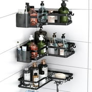 PHANCIR 5 PCS Corner Shower Caddy, No Drilling Stainless Steel Shower Storage Rack with Hooks & Toothpaste Holder for Bathroom, Black