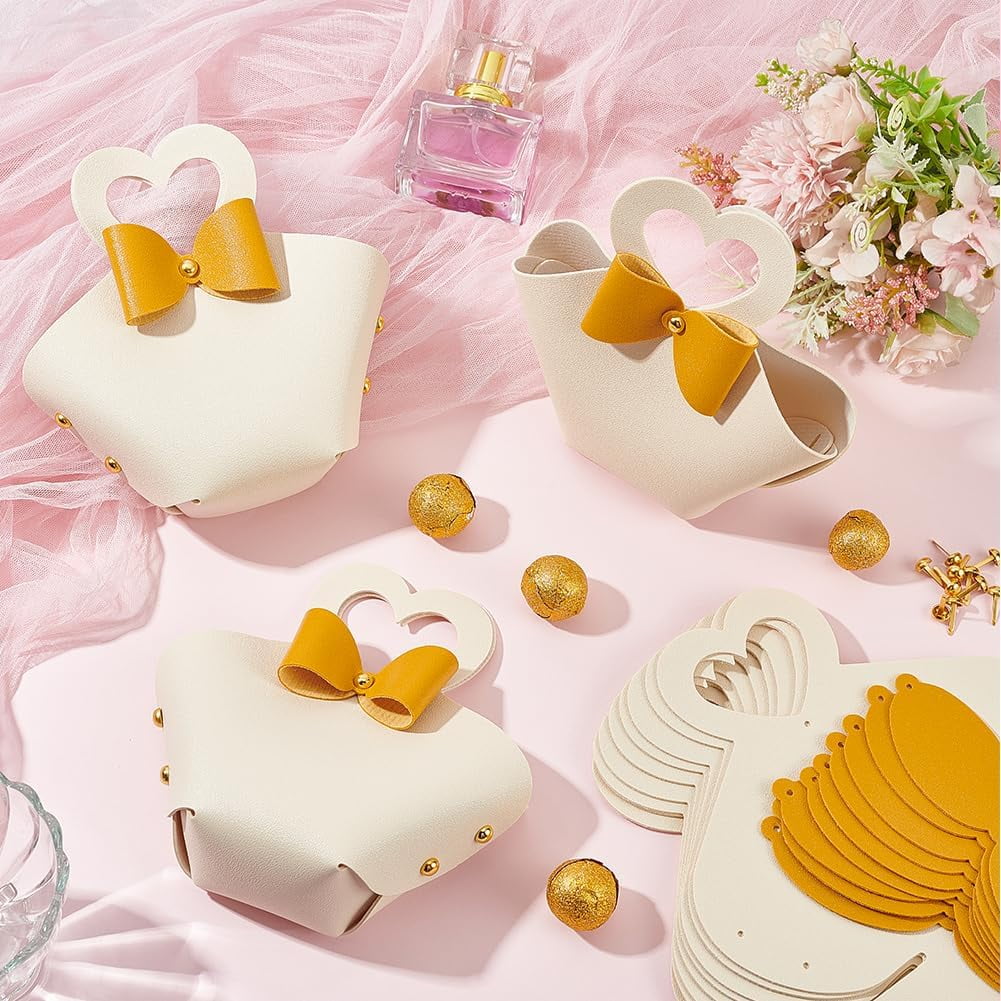 White 12 Sets PU Leather Bowknot Gift Box with Handle 6.3x4.9x2inch Reusable Leather White Treat Box with Gold Heart Handle Mini Handbag for Birthday Wedding Party Baby Shower