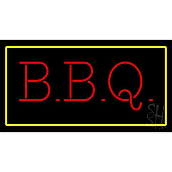Yellow Border Red BBQ Animated LED Neon Sign 20 x 37 - inches, Black Square Cut Acrylic Backing, with Dimmer - Bright and Premium built indoor LED Neon Sign for restaurant window and interior decor.