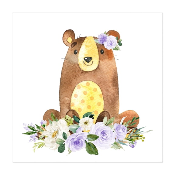 Bear, Woodland Animals, Forest Animals, Boho, Purple Flowers, Gender Neutral Nursery - Illustration Animal Whimsical Watercolor Floral Unframed Wall Art Print 6 x 6 inches