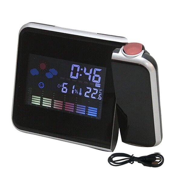 Projection Alarm Clock with Weather Station - LED Digital, 180° Rotatable, Temperature/Humidity/Date Display, Snooze, USB Line, for Home