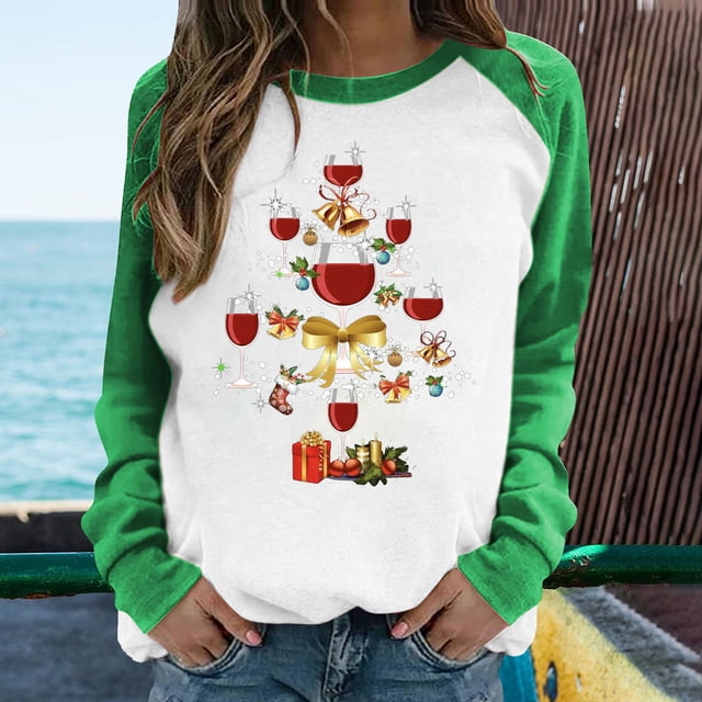 Meichang Chemises de Noël Manches 3/4 Coupe Ample Col Rond Tops d'Automne T-Shirts Graphiques Classiques Cadeaux pour Femmes pour Noël