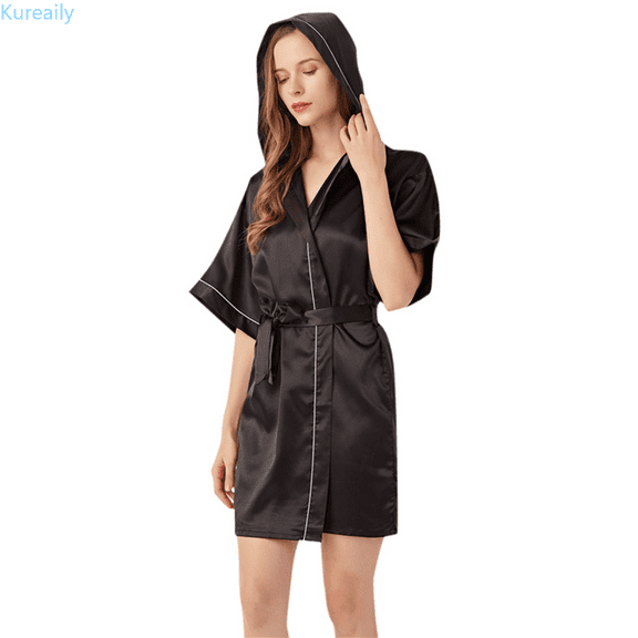 Kureaily Women's Hooded Silk Robes Satin Kimono Robe Short Silky Bathrobe Bridesmaid Wedding Party Sleepwear Soft Pajamas Dress