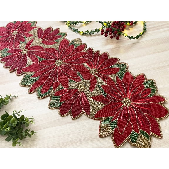 Christmas handmade table runner, Poinsettia beaded table runner, 13x36inch