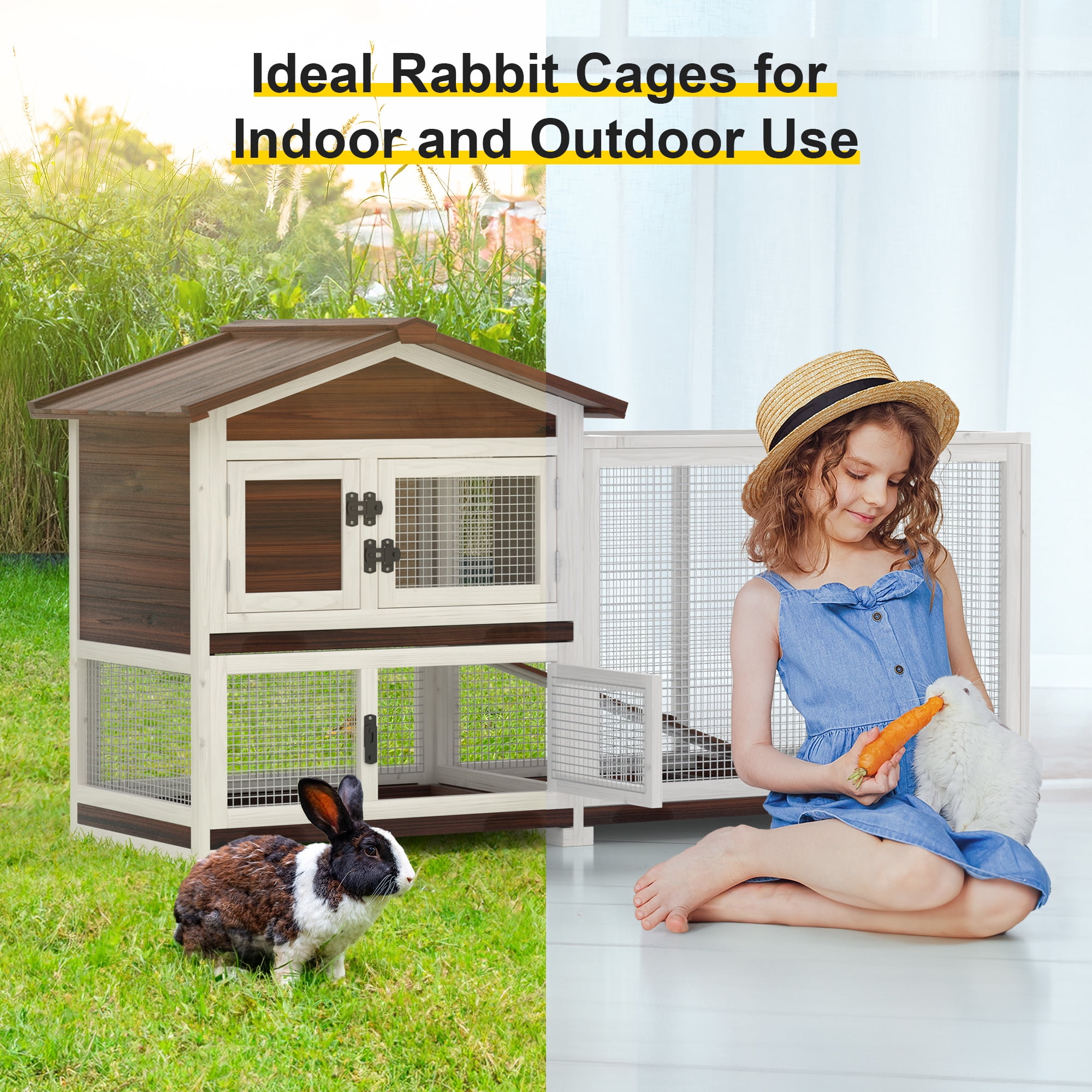 GOOJOASIS Rabbit Hutch Indoor, Chicken Coop Outdoor with 3 Removable Tray 2 Story Rabbit House with Large Running Cage & Ramp