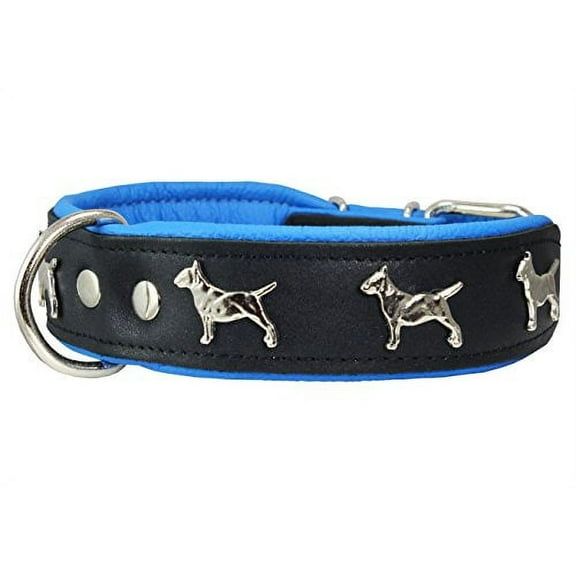 Real Leather Soft Leather Padded Dog Collar Bull Terrier 1.75" Wide. (16.75"-19.25" Neck, Black/Blue)