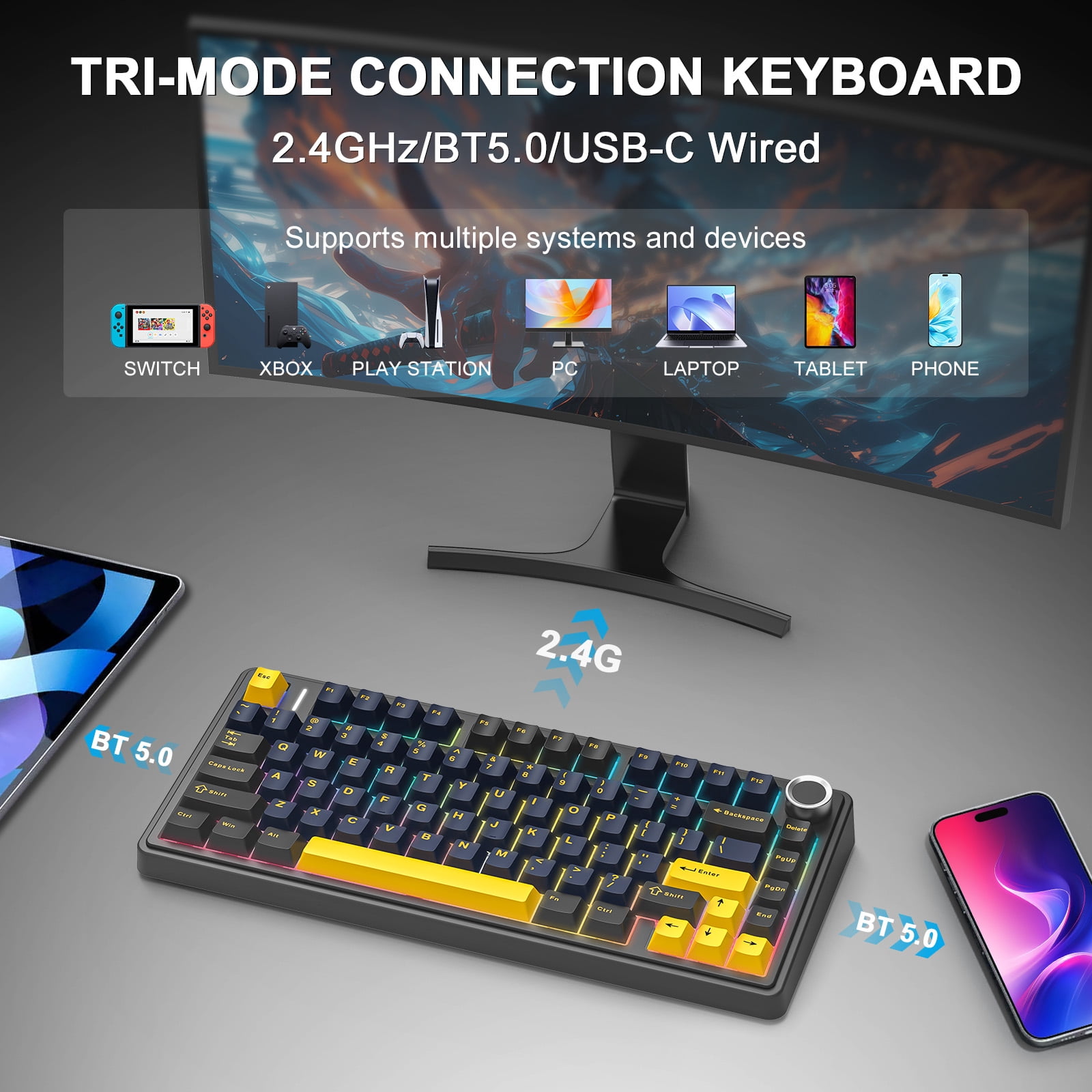 AULA F75 75% Wireless Mechanical Gaming Keyboard, Hot Swappable, RGB Backlit, BT5.0/2.4GHz/Type-C, Pre-lubed Reaper Switches
