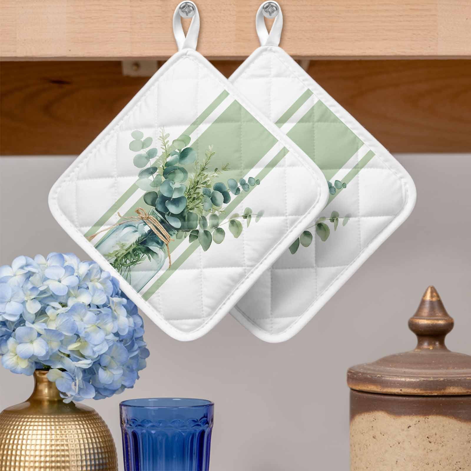 Sage Green Eucalyptus Leaves Pot Holders for Kitchen Heatproof Potholder, 4 Pack Farmhouse Stripe Botanical Hot Pads Multipurpose Oven Pads Cloth Potholders Trivet for Cooking and Baking