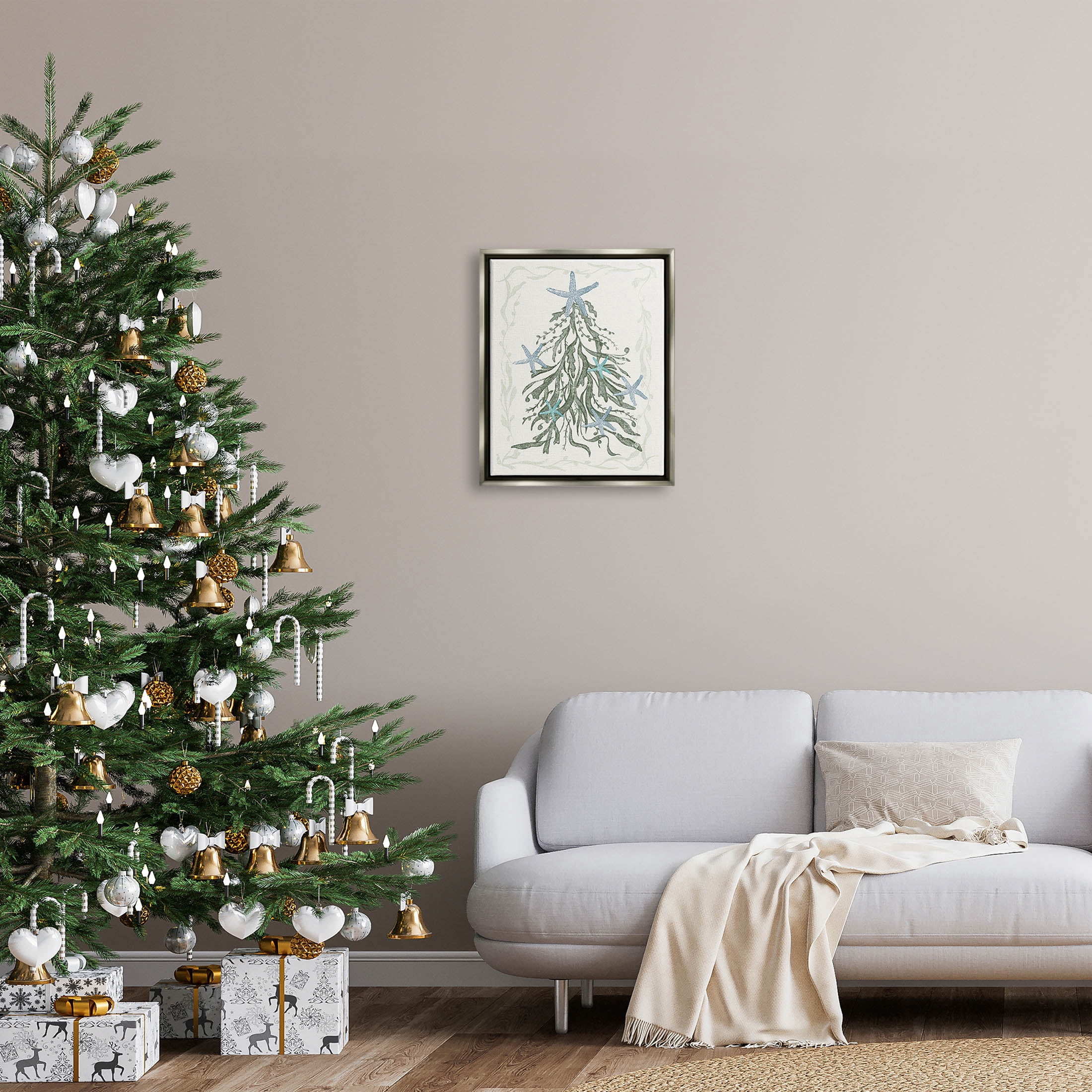 Nautical Christmas Tree Sea Life Holiday Graphic Art Luster Gray Framed Art Print Wall Art
