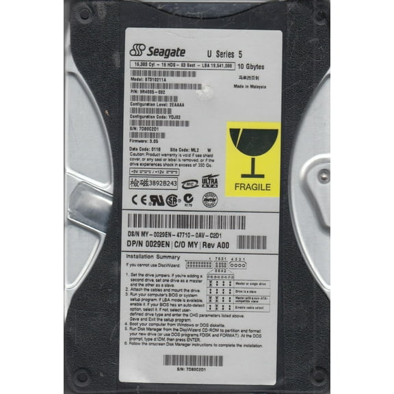 ST310211A, 7DB, ML2, PN 9R4005-032, FW 3.05, Seagate 10GB IDE 3.5 Hard Drive