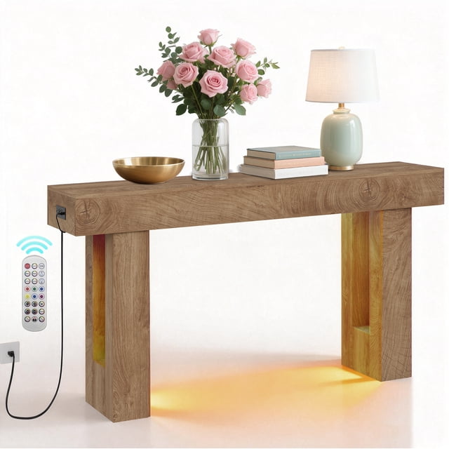 63 inch Console Table with Power Outlets and LED Motion Sensor Light, Narrow Wooden Sofa Table with Storage, Farmhouse Entryway Hallway Accent Table, Natural Oak