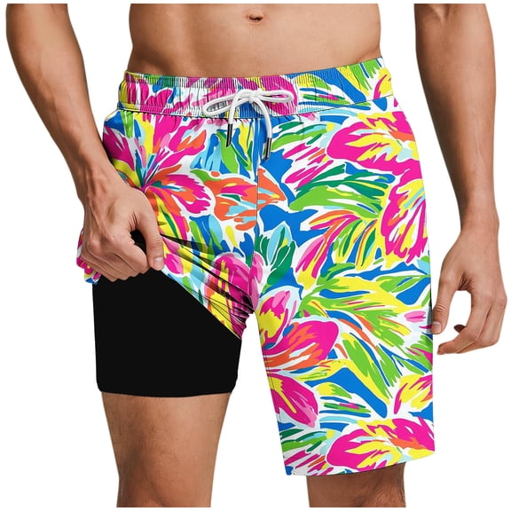 BaoFuBaoMei Mens Quick Dry Swim Shorts with Liner Big and Tall Printed Drawstring Shorts Beach Vacation Swim Trunks with Pockets