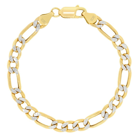 Nuragold 10k Real Yellow Gold Figaro Link 6.5mm Diamond Cut Two Tone Pave Chain Bracelet (8"-9") Italian Jewelry for Men