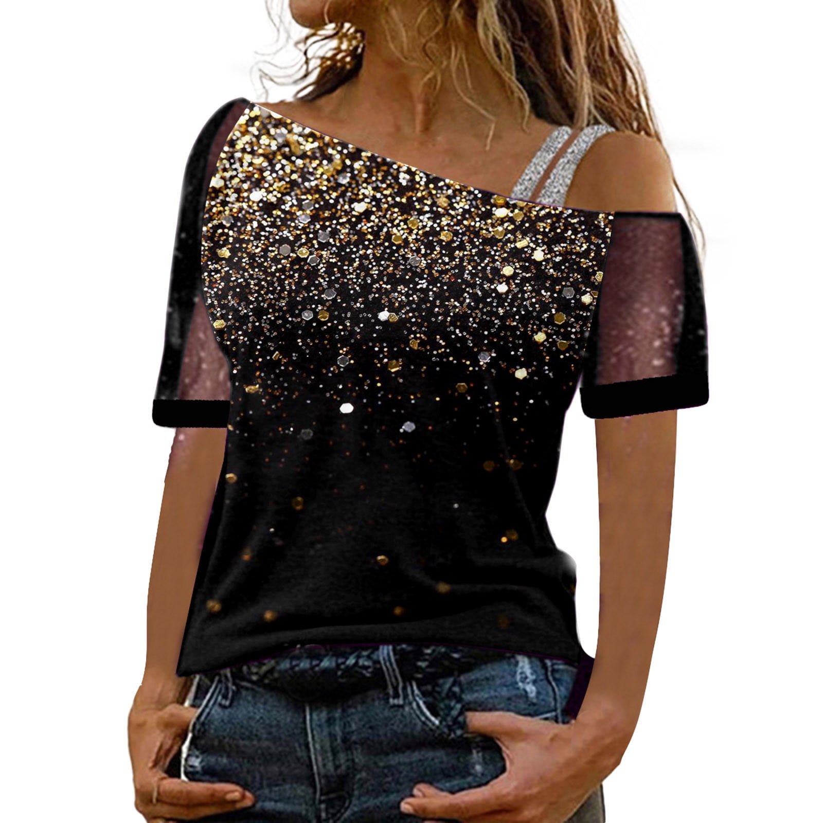 Womens Off Shoulder Sequins Tunic Tops Short Sleeves Loose T-Shirt Blouse Tops 