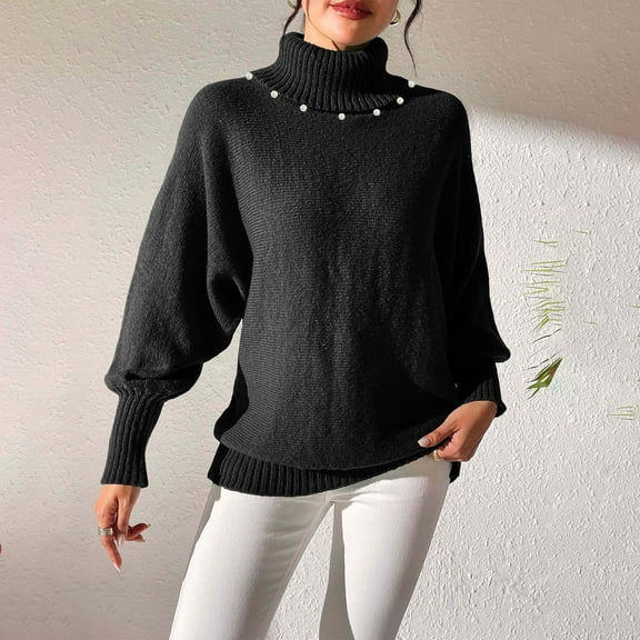Itsame Women Knitted Sweater High Neck Pullover Sweatershirt Long Sleeves Solid Color Relaxed Sweatshirts Black Size M