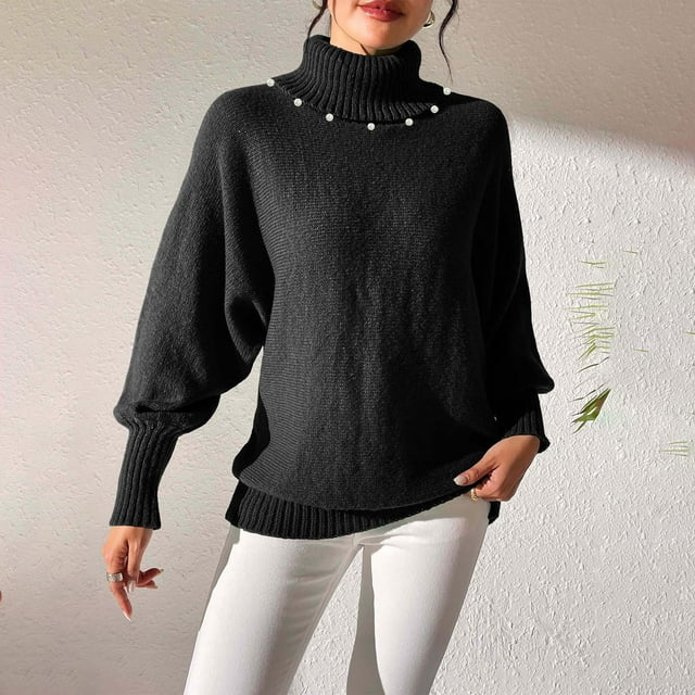 Suéter de cuello alto para mujer, suéter liso holgado de invierno, suéter de manga larga con cuello redondo, tops de poliéster para mujer