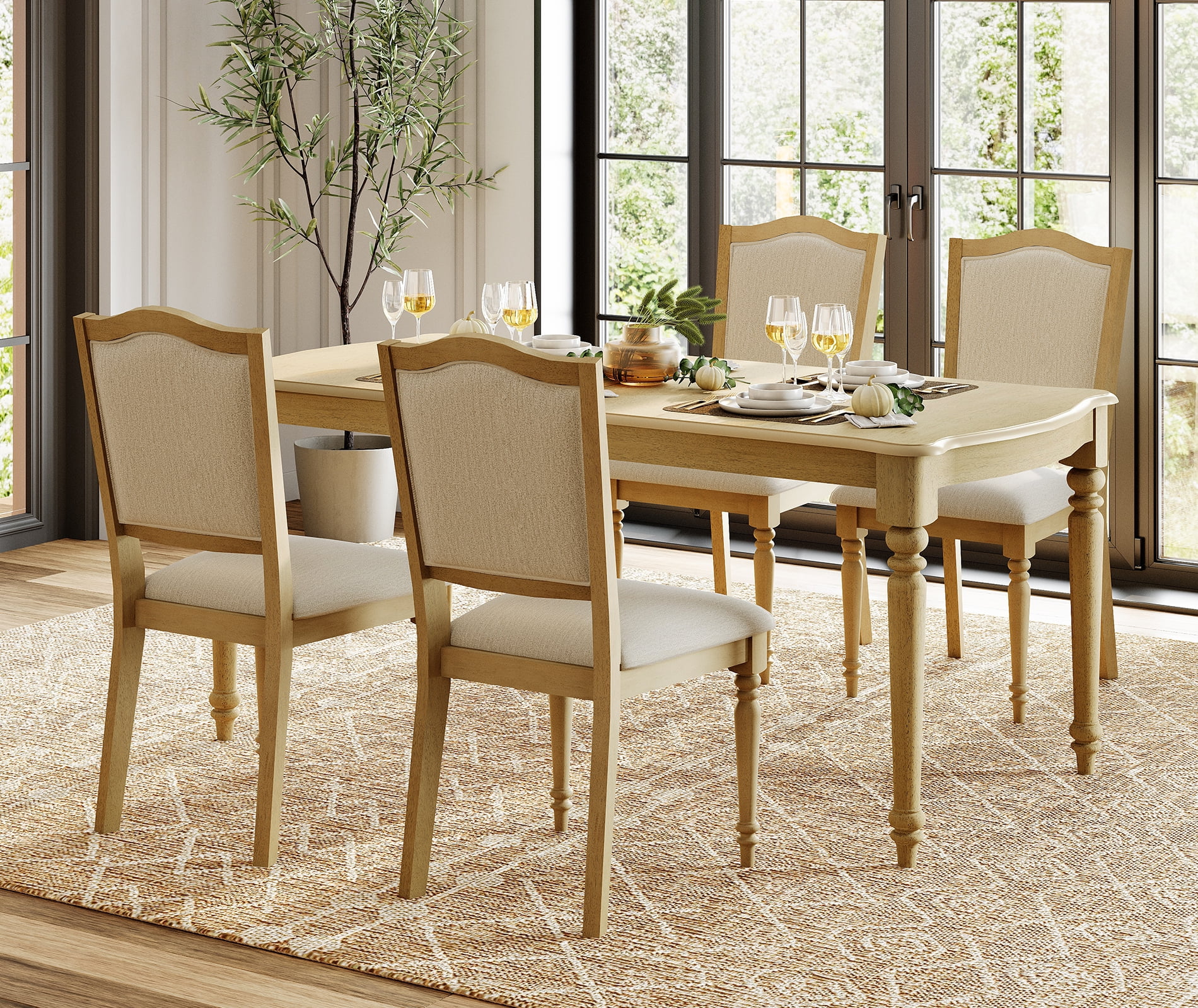 Set of 4 Dining Chairs with Upholstered Back & Seat, Farmhouse Kitchen Chair with Solid Wood Legs for Dining Room, Oak