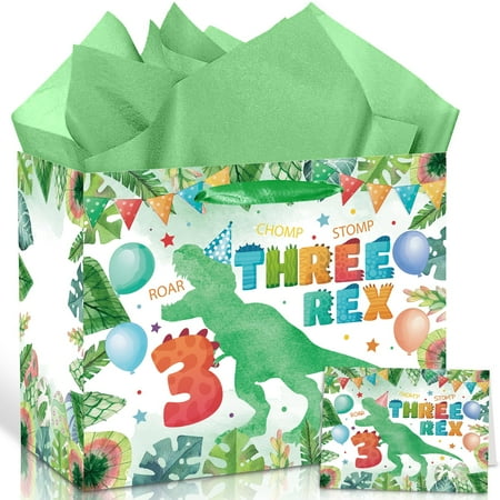 3rd Birthday Gift PresNok Bag Dinosaur 3rd Birthday Party Decorations Three Rex Dinosaur Gift Wrapping Paper Bag with Tissue Paper for Boys Dino Age 3 Year Old Party Favors Supplies