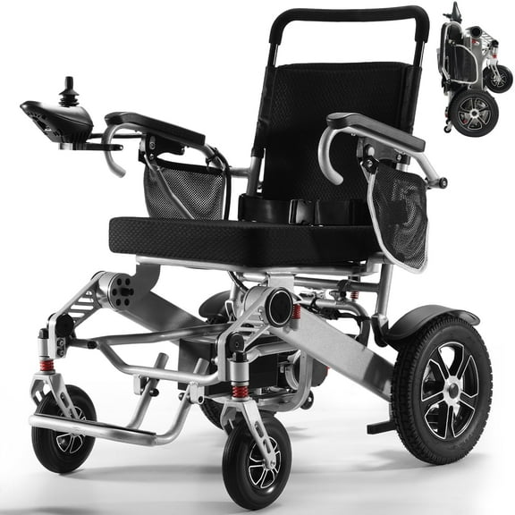TEKAMON Lightweight Foldable Electric Wheelchair All Terrain Power Wheel Chair for Adults, Seniors, Elderly, Airline Approved, Silver