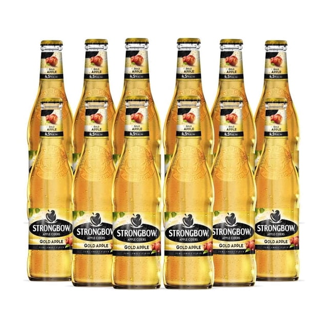 pack de 12 bebida alcohólica strongbow apple ciders gold 330 ml frontal con 12 botellas alineadas en dos filas, botellas transparentes con sidra de color dorado, etiqueta negra con logo Strongbow y banda que indica Gold Apple, tapa dorada; venta exclusivamente a mayores de edad.