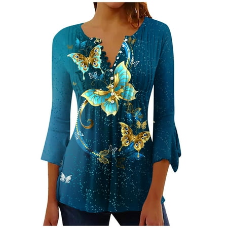 

Summer Clearance Tops ! Xihbxyly Tunic Tops for Women Casual 3/4 Sleeve Flower Printed Buttoned Shirt Basic Ruched Corset Comfy Pleated T-Shirts Blouses Blue M # Best Clearance Deals Today