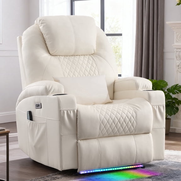 Power Recliner Chair with Heat and Massage for Adults - Home Theater Seating with LED Lights,Cup Holders,Side Pocket,USB Port - Recliner Sofa for Living Room (Beige, Single Recliner)