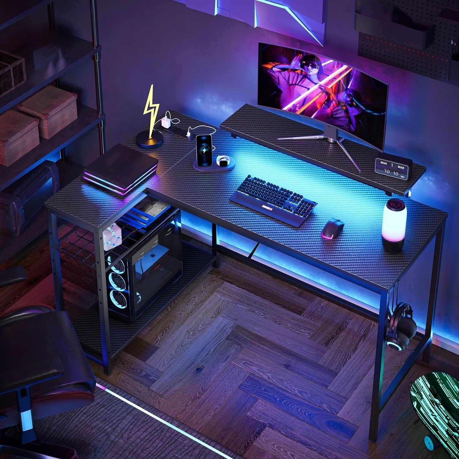 Bestier 48" L Shaped Gaming Desk with LED Lights & Power Outlets, Computer Desk with Monitor Stand, Carbon Fiber