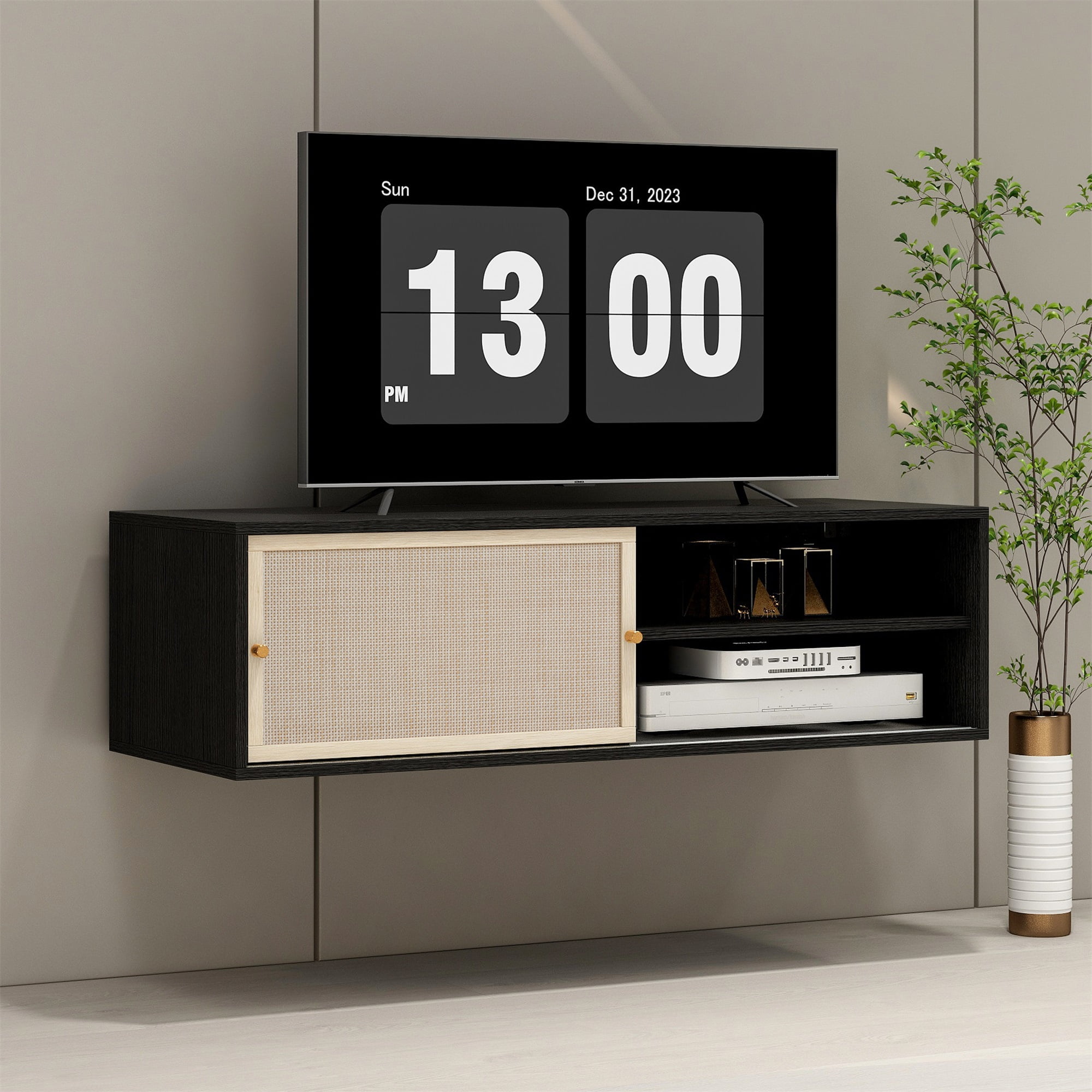 Resenkos Wall Hanging Decorative Cabinet, Rattan TV Stand, Suitable for Living Room, Study, Black Resenkos Wall Hanging Decorative Cabinet, Rattan TV Stand, Suitable for Living Room, Study, Black