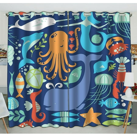 ZKGK Underwater World Sea Life Ocean Animals Fish Coral Window Curtain Drapery/Panels/Treatment For Living Room Bedroom Kids Rooms 52x84 inches Two (Best Bedrooms In The World For Kids)