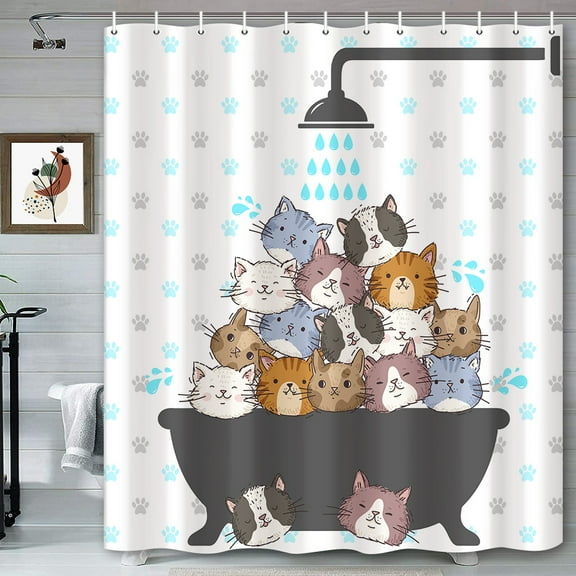 Cute Cats Shower Curtain for Kids Bathroom, Cartoon Animals Cats Pattern Blue Grey Pets Paw Background Bath Curtains, Waterproof Fabric Bathroom Accessories Sets with Hooks, 69 x 70