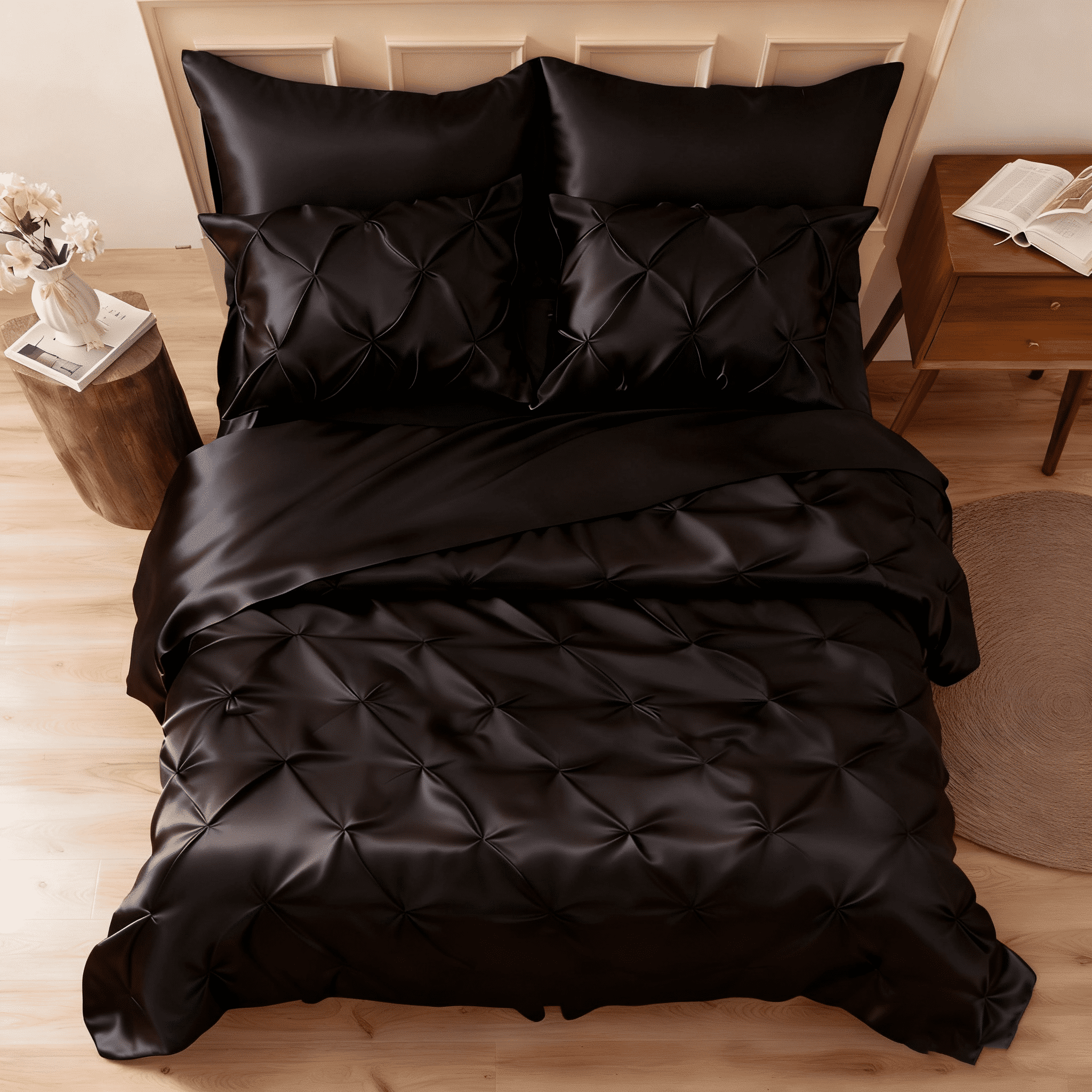 MR&HM Satin Comforter Set 7 Pieces Queen Size - Luxurious Pinch Pleat Bed in a Bag with Satin Comforter, Satin Sheets, Satin Pillowcases & Shams, Silky Soft Bedding Set for All Seasons (Black)