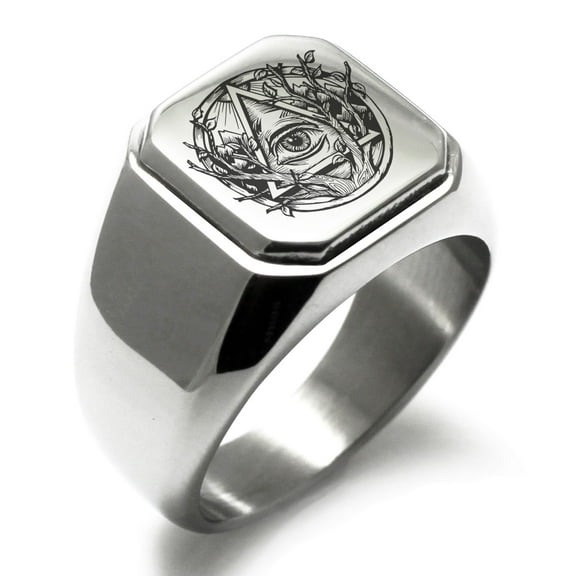 Stainless Steel Rootless All Seeing Eye Engraved Square Flat Top Biker Style Polished Signet Ring