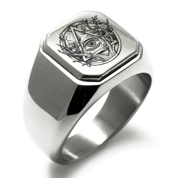Stainless Steel Rootless All Seeing Eye Engraved Square Flat Top Biker Style Polished Signet Ring
