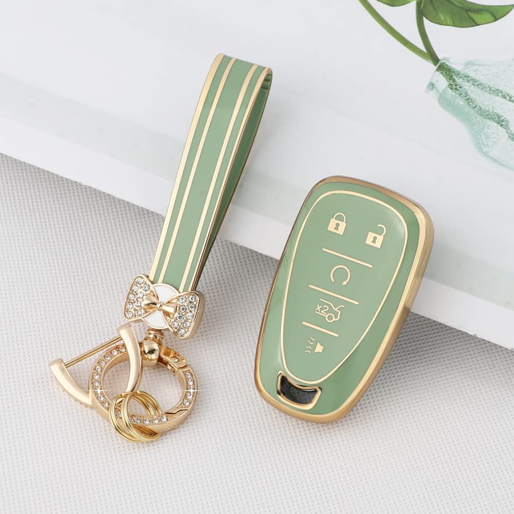 Stylish 5-Button TPU Key Fob Cover with Bling Keychain for Chevy Equinox Malibu Blazer Camaro Spark Traverse Trax Green Gold Protective Shell Case for Men and Women