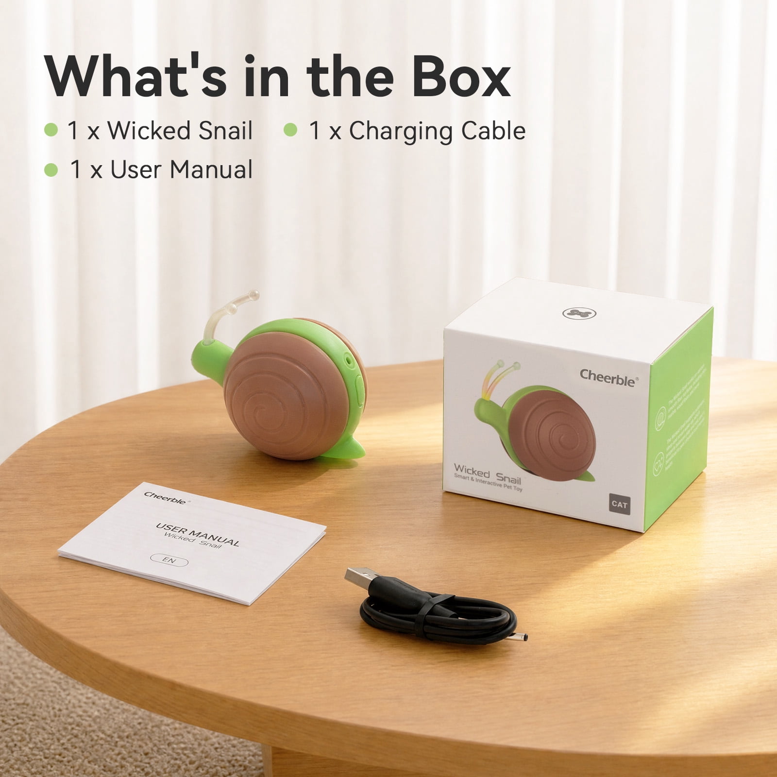 Cheerble Interactive Cat Toy for Indoor Cats, Wicked Snail Kitten Toys, Automatic Cat Toys with LED Lights, Rechargeable Moving Toys for Cats, Smart Stimulating Electric Pet Toy (Brown/ Green)