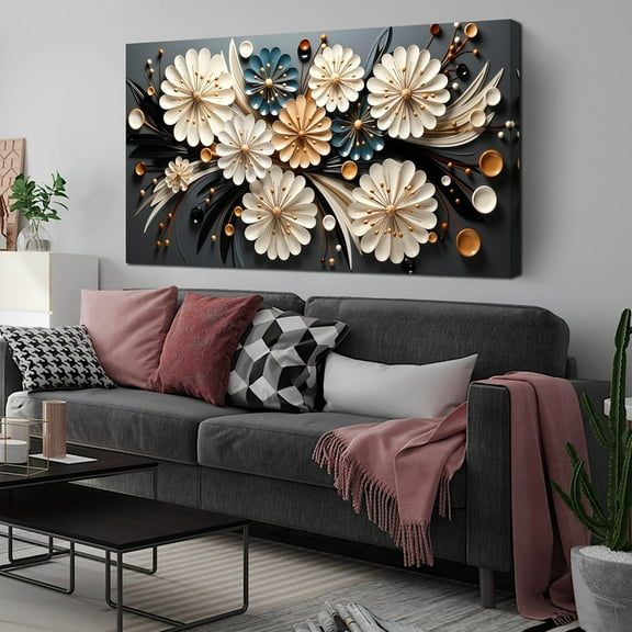 WFSposterLarge Wall Art for Living Room Bedroom Home Office Gold Flower Pictures Wall Art Modern Floral Artwork Framed Wall Decor Canvas Prints