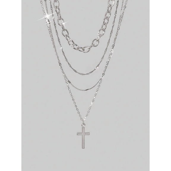 Silver 4-Piece Layered Chain Necklace Set With Cross Pendant